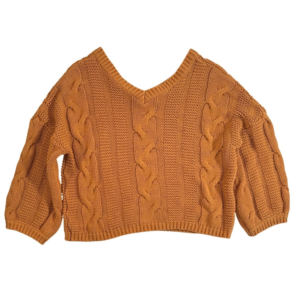 Mustard Orange Chunky Cable Knit V-Neck Oversized Sweater Womens‎ Relaxed Fit - Picture 5 of 12